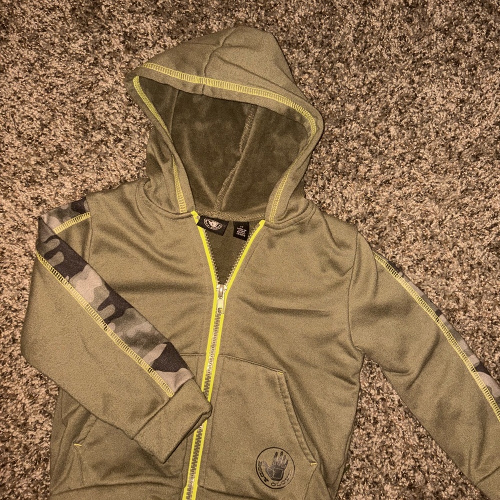 Kids Olive Green Hooded Zip-Up Sweatshirt with Camo Accent